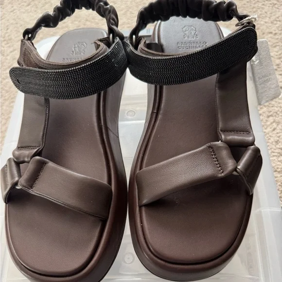 Brunello Cucinelli Espresso Leather Sandals - Picture 1 of 7